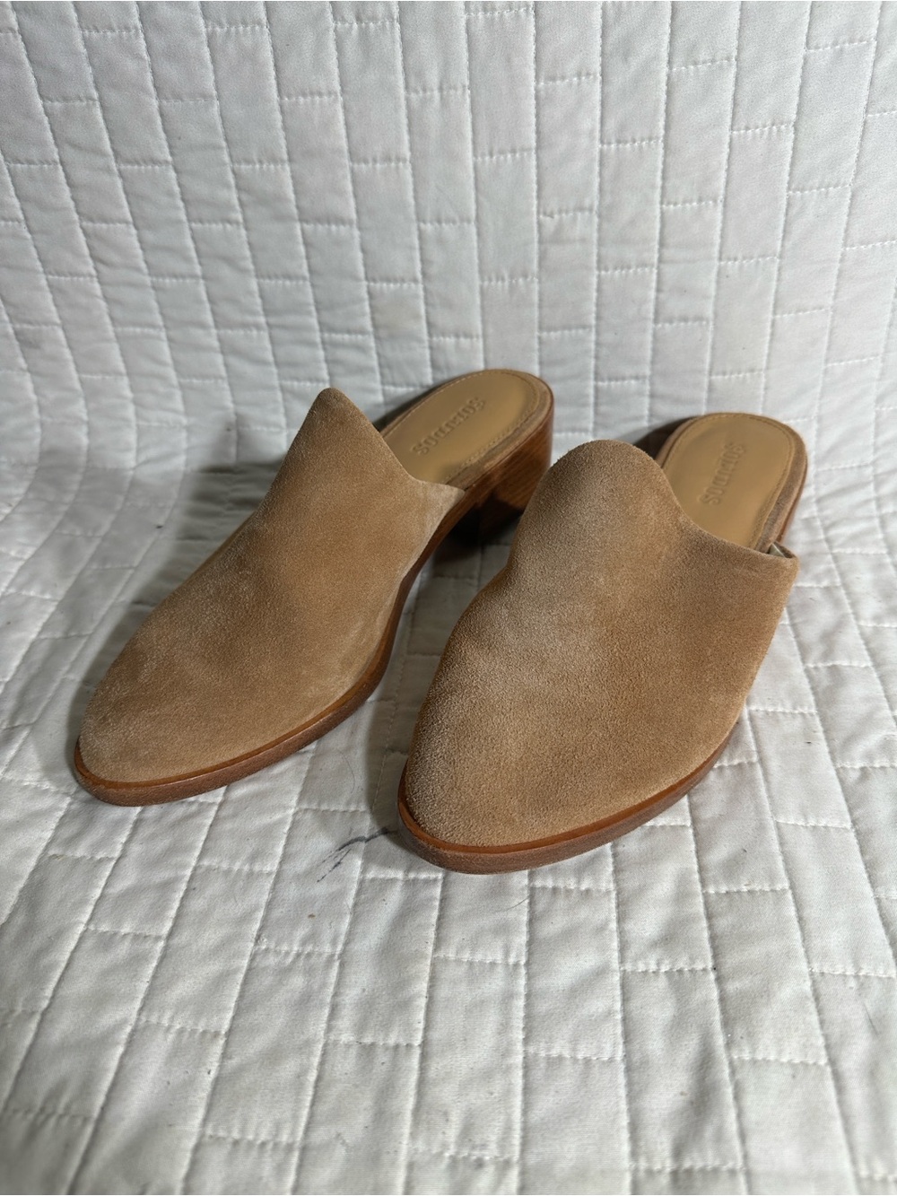 Soludos suede Venetian mules featuring a pointed toe and a low block heel